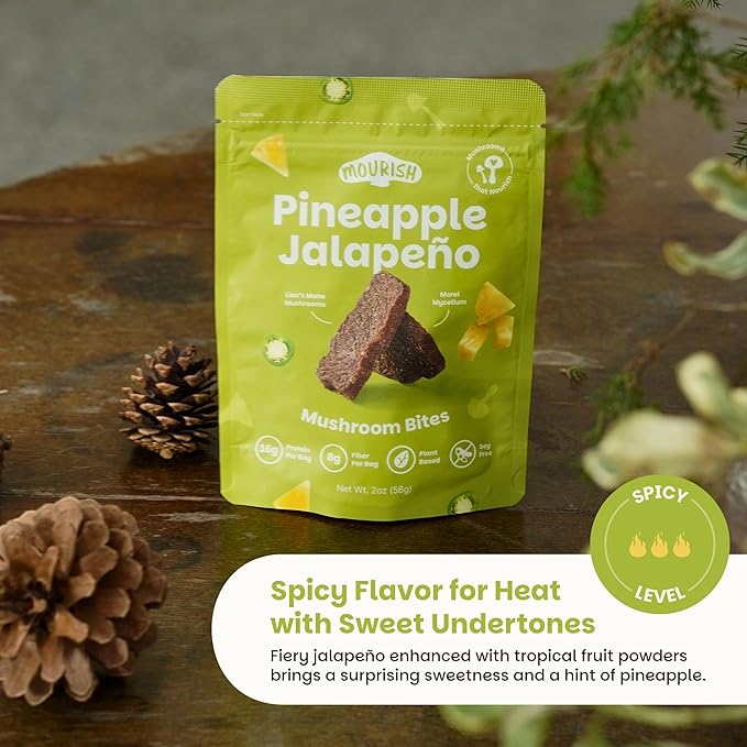 Mourish Vegan Mushroom Bites, Pineapple Jalapeno, 1 Pack (2 oz), Good Source of Protein and Fiber, Plant Based Meat Jerky, Spicy Flavor, Meatless Healthy Snacks for Hiking, Work, Travel & School