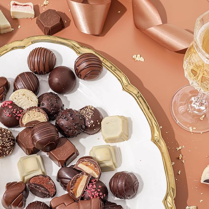 Chocolate Gift Basket– Holiday Candy Gift Box with Assorted Milk, Dark & White Chocolate Truffles – Food Present Idea for Valentines Day, Men, Women, Corporate, Get Well, Sympathy, Birthday- Bonnie & Pop