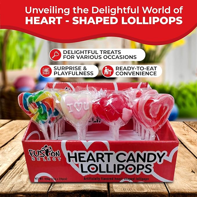Fusion Select 24 Heart Shaped Lollipops Candy - Sweet Heart Lollipop for Party Bag Fillers, Pinata Stuffers - Ideal for Valentine's Day, Mother's Day, Halloween - Bulk Party Pack, Assorted Lollipops
