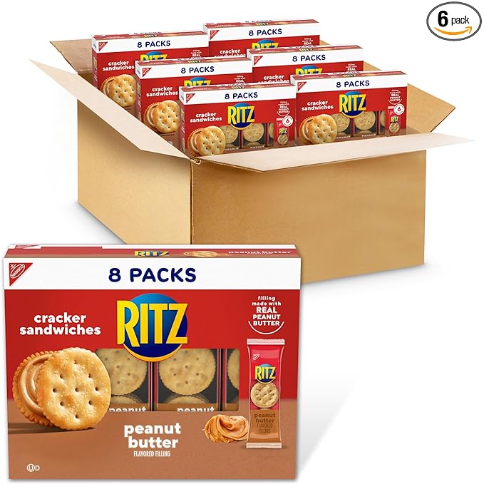 RITZ Peanut Butter Sandwich Crackers, Lunch Snacks, 48 Snack Packs (6 Boxes, 6 Crackers Per Pack)