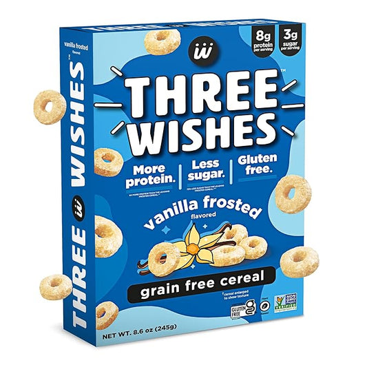 Plant-Based and Vegan Breakfast Cereal by Three Wishes - Frosted, 1 Pack - More Protein and Less Sugar Snack - Gluten-Free, Grain-Free - Non-GMO