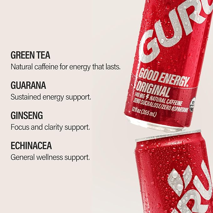 GURU Original Organic Energy Drinks, Clean Energy Drink with Plant Based Natural Caffeine from Green Tea, Gluten Free and Vegan, 100MG Caffeine, Healthy Drinks, 8.4oz (Pack of 24)