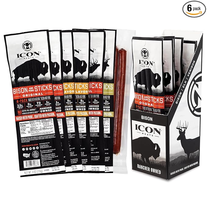 ICON Meats Snack Sticks Sampler, 6 Pack High Protein Snacks, Assorted Bison, Elk, Venison & Pork Jerky, 4 Meat Sticks per Pack, Gluten Free, Low Sugar, Made in the USA, Gifts & Stocking Stuffers