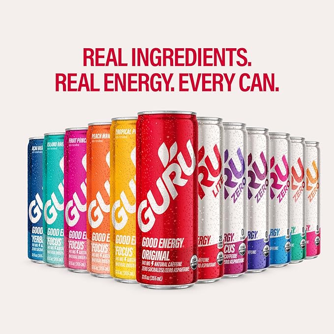 GURU ZERO SUGAR Dragon Fruit Cherry Sorbet Organic Energy Drink with Plant Based Natural Caffeine from Green Tea, Coconut Water, Prebiotic, Zero Added Sugars, Gluten Free & Vegan, Pre Workout, 140MG Caffeine, 12 Oz (Pack of 24)