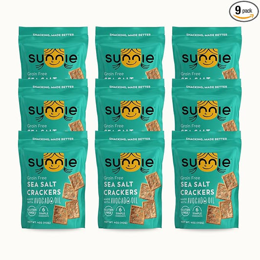 Sunnie Gluten Free Crackers, Healthy Grain-Free Sea Salt Cracker, Snacks for Kids & Adults, Made with Avocado Oil, Only 6 Ingredients, Vegan Snack, Low Calorie, 4 Oz, Pack of 9