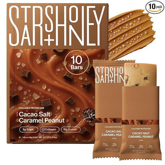 Stars + Honey Protein Bars- Cacao Salt Caramel Peanut,15g Protein, 2g Sugar, w/ Collagen Keto Friendly Snack - Gluten, Dairy, & Soy Free - High-Protein Snacks for Energy & Recovery-10 pack