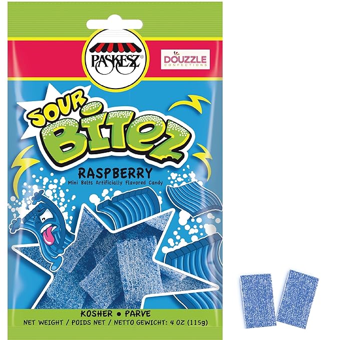 DOUzzle Valentines Day Sweet Treats, Sour Bitez Chewy Candy Strips Blue Raspberry (4 OZ - 1 Pack) Goodie Bag Stuffer, Pinata Filler - Kosher Parve
