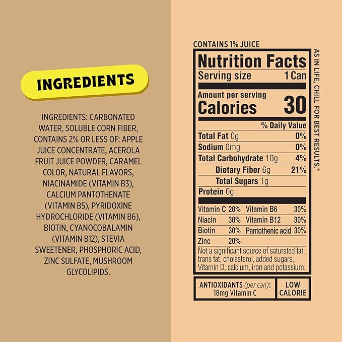 Popwell Root Beer Better-For-You Prebiotic Soda, with 6g Fiber, 1g Sugar, Vitamins and Immunity Support, 12 fl oz Cans (pack of 12)