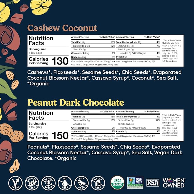 Tosi Cashew Coconut and Dark Chocolate Peanut Protein Bars Combo, Plant Based with Nuts, Gluten-Free Crunchy Snacks, Vegan, Organic, Flax & Chia Seeds, Soy-Free, Omega 3s, 6G/8G Protein, 1 oz, 12-Pack