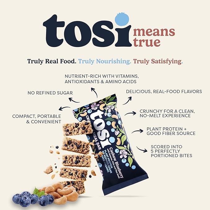Tosi Meal Nut Bars, Cashew Blueberry, Healthy Snacks for Adults & Kids, Crunchy Plant Based Protein Bar (14G), Keto Snacks, Vegan, Gluten & Soy Free, Low Sugar, Omega 3s, 2.4oz, 12-Pack