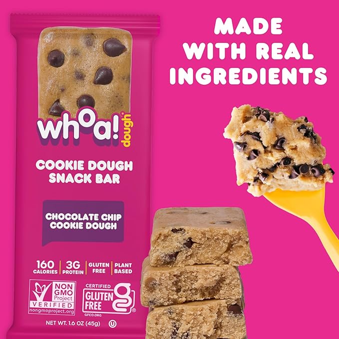 Whoa Dough Edible Cookie Dough Bars- Certified Non-GMO, Kosher and Gluten Free Bars - Healthy Snack Foods - Plant Based Snacks Made With Real Ingredients - Chocolate Chip Cookie Dough - 4 Pack