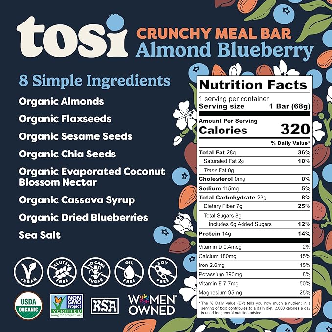 Tosi Meal Nut Bars, Almond Blueberry, Healthy Snacks for Adults & Kids, Crunchy Plant Based Protein Bar (14G), Keto Snacks, Vegan, Gluten & Soy Free, Low Sugar, Omega 3s, 2.4oz, 12-Pack