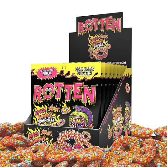 Rotten Spicy Sour Gummy Cruncheez - Low Sugar, Low Calorie, 5g Gut-Friendly Prebiotic Fiber, Gluten Free Candy, No Artificial Dyes - 1.8 oz - 8-Pack