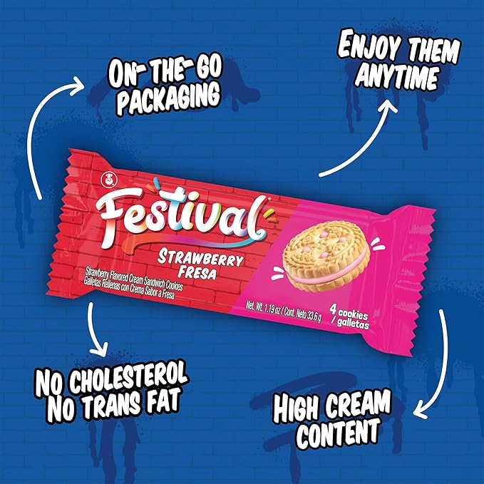 Festival Strawberry Cookies | Cream Strawberry Sandwich Cookies | Natural Dyes & Low Sodium | High Cream Content | 14.6 Oz (Pack of 3)
