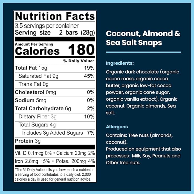 Chocxo Dark Chocolate Coconut Almond & Sea Salt Snaps - Low in Sugar, Organic 85% Cacao, Non-GMO, Keto Certified, Gluten Free & Kosher. No Artificial Sweeteners or Sugar Alcohols, 3.45 oz (Pack of 6)