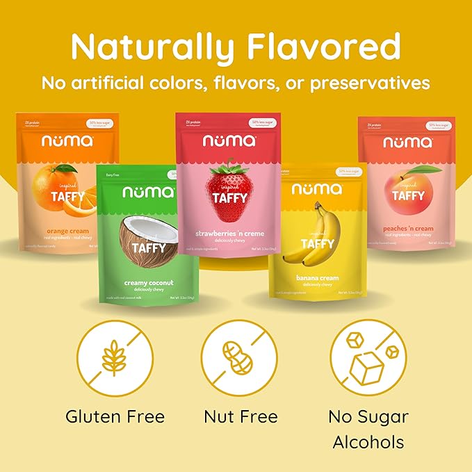 Numa Foods Nutritious Chewy & Creamy Candy Variety Pack - Low Sugar, All-Natural, Gluten Free, High Protein - 5 Bags of 10 Individually Wrapped Chews Each of Vanilla Banana Strawberry Coconut Coffee