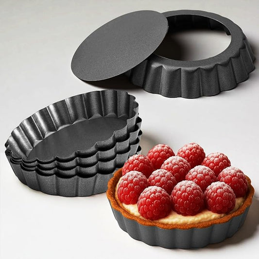 Yamteck 4 Inch Mini Quiche Pans Black 6 Pack. Egg Tart Molds w/Removable Bottom, Non-Stick Coating, Rugged Carbon Steel for Small Tart Quiche Pie Making. Gift for Women Christmas Thanksgiving Festival