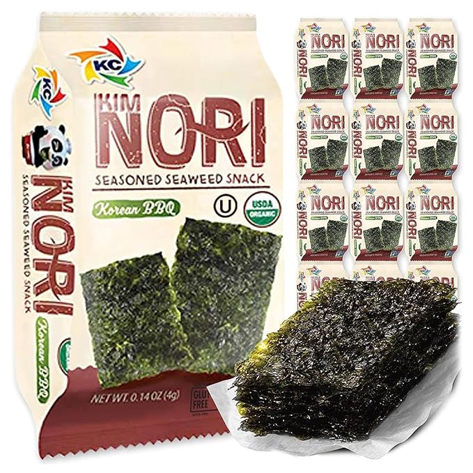 KIMNORI Seasoned Seaweed Snacks Sheets – Organic Korean BBQ Flavor, 12 Individual Packs, Roasted Crispy Premium 100% Natural Laver Kim Nori, 4g 0.14 Ounce