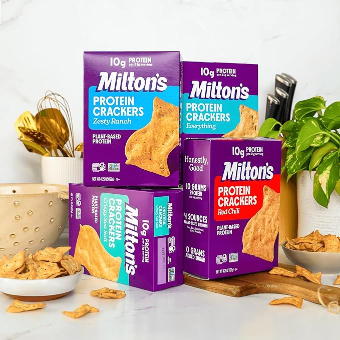 Milton's Protein Crackers Variety Bundle (Red Chili, Zesty Ranch, Everything, Crispy Sea Salt) - 10g of Plant-Based Protein Per Serving, Certified Gluten Free, Non-GMO - 4.25 Oz, Pack of 4