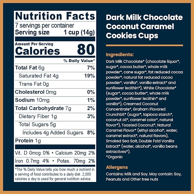 Chocxo Dark Milk Coconut Caramel Cookie Cups - Lower Sugar, Organic, NonGMO, Keto, Gluten Free, Kosher. 58% Cacao, No Artificial Sweeteners/Sugar Alcohols, 3.45 oz (Pack of 6)