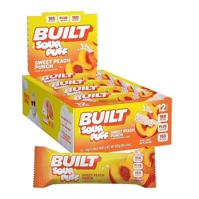 Built Bar, Sour Puff Protein Bars, Sweet Peach Punch, Collagen, On-the-go Snacks, Sour Candy Snack, 12 Pack