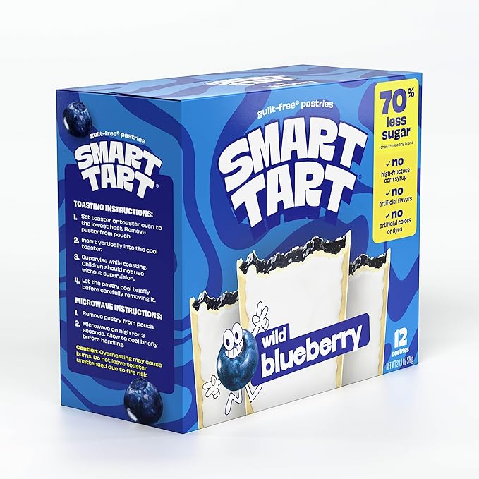 Smart Tart Toaster Pastries Wild Blueberry - Low Sugar Snacks, Healthy Breakfast Pastry, On the Go Snack, Real Fruit Filling - Only 6g Added Sugar - 12 Count
