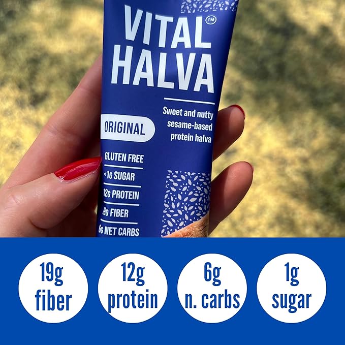 Vital Halva Vegan Sesame Snack Bar, Original, Gluten Free, Dairy Free, Soy Free, Low Sugar, No Added Sugar, 12G Protein, 19G Fiber, 6G Net Carbs, Breakfast, Travel, 10ct