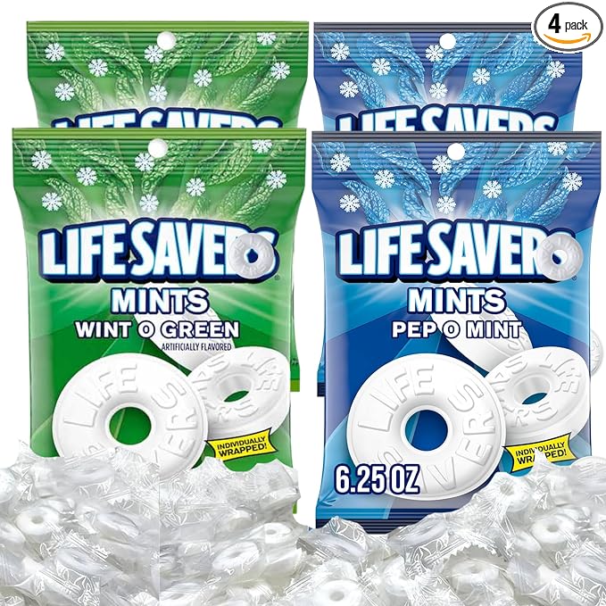 Wint O Green & Pep O Mint Hard Candy, 6.25 oz (Pack of 4) Mints Bulk, Perfect for Sharing, Gifting, Weddings and Special Events, Classic Wintergreen & Peppermint Individually Wrapped with a Cool, Refreshing Taste (Wint O Green & Pep O Mint)