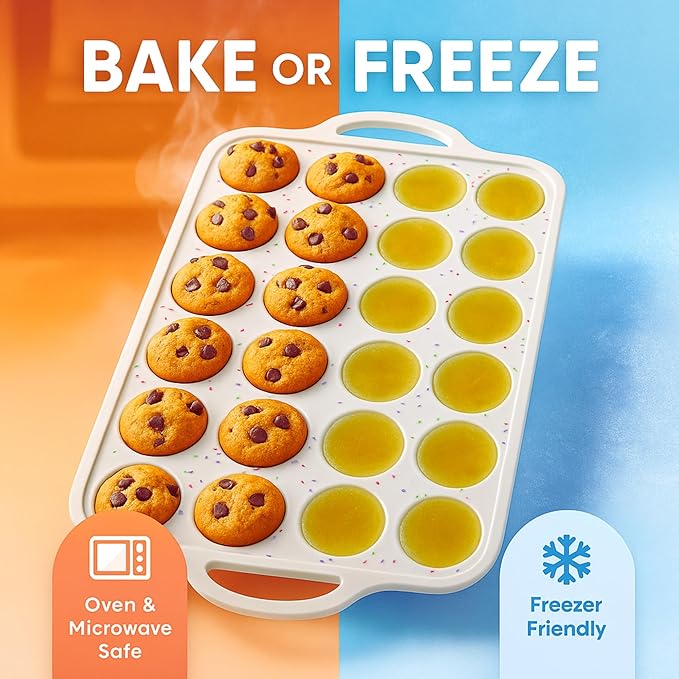 1-Pack - Silicone Mini Muffin Pan – 24-Cup, Nonstick Silicone Muffin Pans for Baking with Metal-Reinforced Handles, – BPA-Free Muffin Tin Tray for Mini Cupcakes & Snacks – Dishwasher Safe, Cream