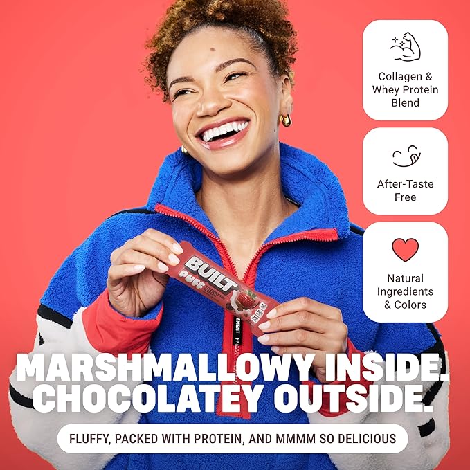 Built Bar, Puff Protein Bars, Strawberries 'N Cream Puff, 15g Protein Snacks, On-The-Go Bars, Only 140 Calories, 8g Sugar, Collagen, Gluten Free, 12 Count