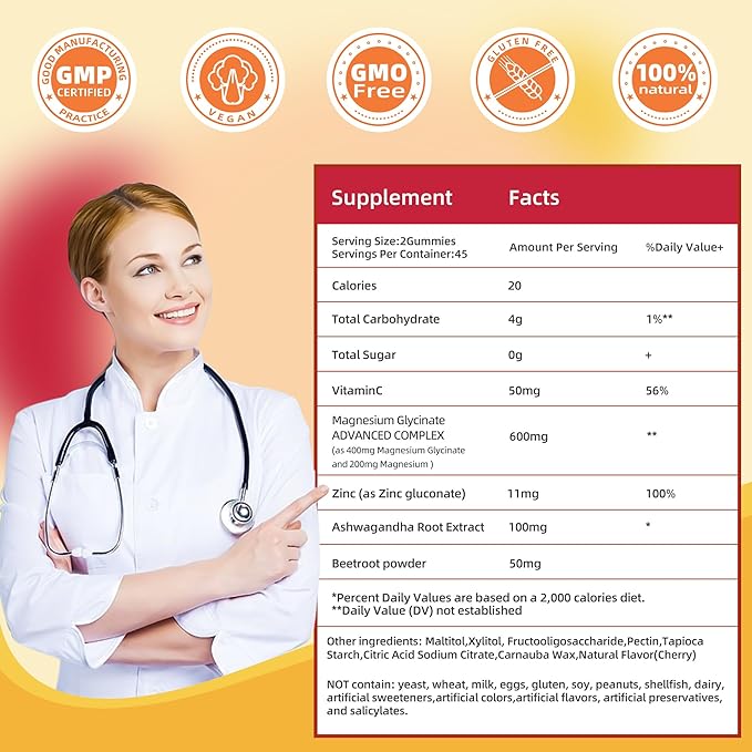 DREAVIO 90 Count Magnesium Glycinate Gummies 400mg w/Ashwagandha Supplement - Sugar Free Zinc Magnesium Glycinate Supplement Ashwagandha Gummies for Adults Orange Flavor