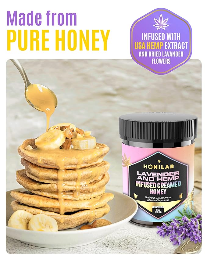 Spun Honey Lavender & Hemp Infused Creamed Honey - OU Kosher Certified - Natural & Pure Blend - No Added Flavors, Independent Testing for Purity and Potency, Whole Ingredients - 11 Oz. Jar