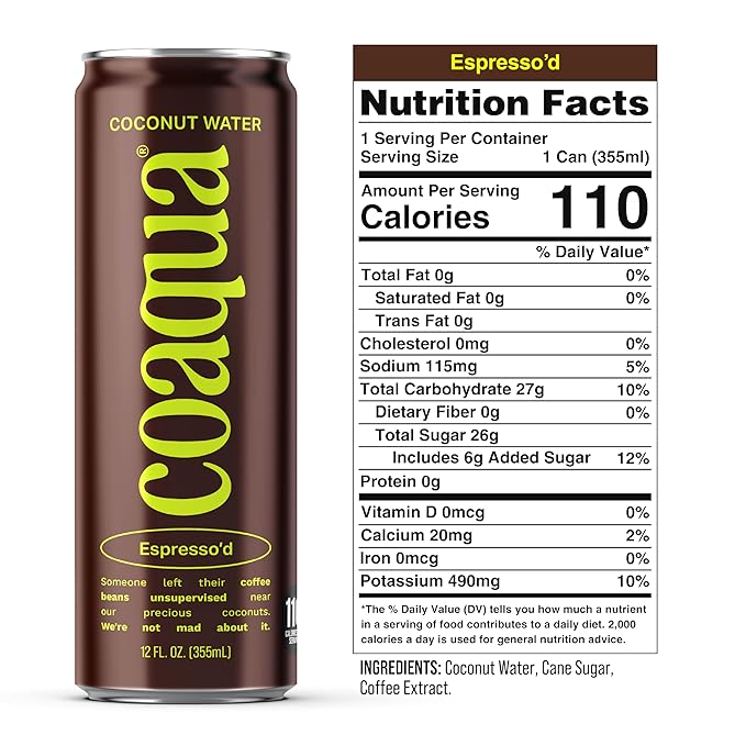 Coaqua Espresso’d Coconut Water (12 pack), Natural Caffeine Energy Drink with Electrolytes for Hydration & Focus – Zero Fat, Gluten-Free, Coconut Water with Espresso - 12 fl oz Cans
