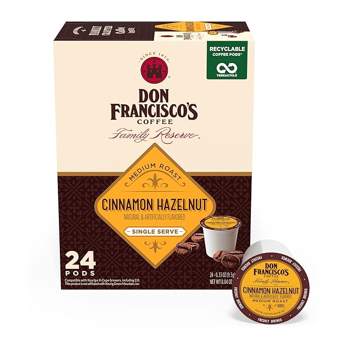 Don Francisco's Cinnamon Hazelnut Flavored Coffee Pods, 24 Count, Medium Roast, Compatible with Keurig Brewers
