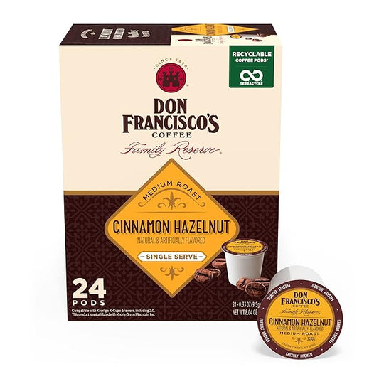 Don Francisco's Cinnamon Hazelnut Flavored Coffee Pods, 24 Count, Medium Roast, Compatible with Keurig Brewers
