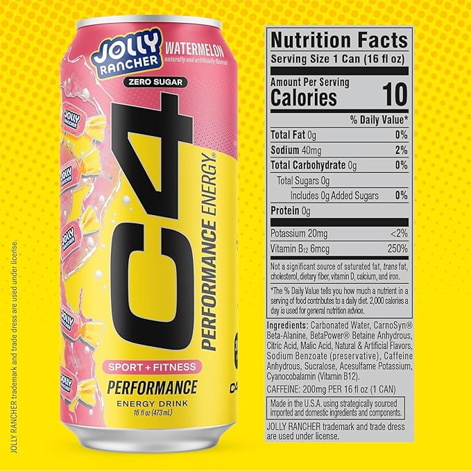 Cellucor C4 Performance Energy Drink | Jolly Rancher Variety Pack | Zero Sugar Carbonated Preworkout Energy | 200mg Caffeine with Beta Alanine | 16 Fl Oz Can (12 Pack)