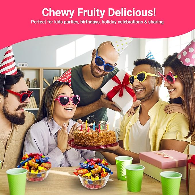 Fruit Chews Candy - 2 Pounds Bulk Bag (Approx. 140 Pieces), Fruit Chews Rolls, 5 Assorted Flavors, Soft & Fruity Taffy Candy, Individually Wrapped Gluten Free Treats, Holiday Candy