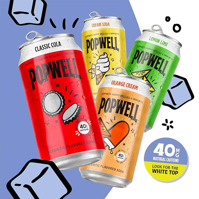 Popwell Classic Cola Caffeinated Better-For-You Prebiotic Soda, with 6g Fiber, 1g Sugar, Vitamins and Immunity Support, 12 fl oz Cans (pack of 12)