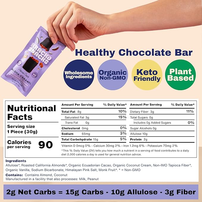 Krack’d Snacks Chocolate Snack Bars 10 Pk | Plant-Based Dark Chocolate Aloha Caramel with Almonds & Coconut | Gluten Free Candy Bars | Keto Chocolate Treats