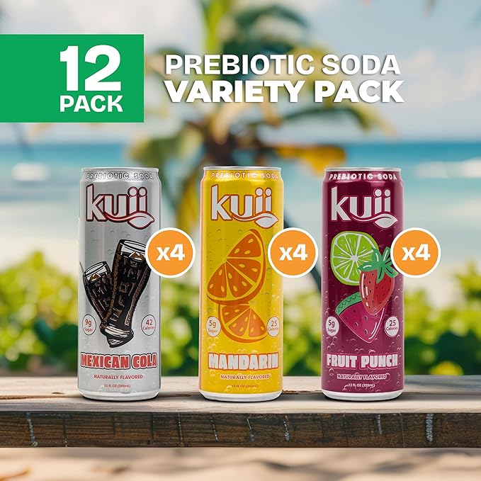Kuii Prebiotic Soda Variety Pack – 12 Count with Mexican Cola, Mandarin & Fruit Punch Flavors – Sparkling Gut-Friendly Drinks for Refreshing, Guilt-Free Hydration, 12 fl oz Cans