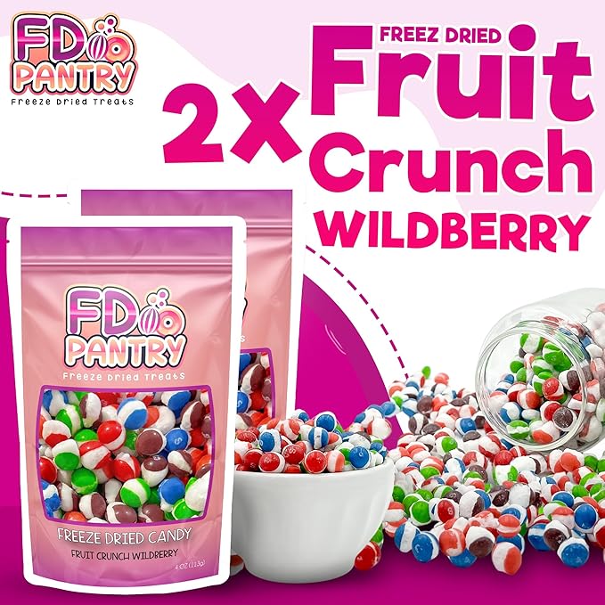Freeze Dried Candy Fruit Crunch Wildberry, 4 oz, 2 Pack, Assorted Berry Punch, Melon, Strawberry, Cherry, Raspberry, Gift Bag