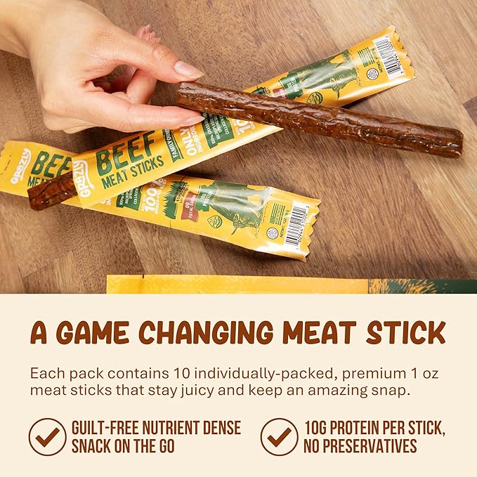 Grazly Grass-Fed Beef Sticks – Made with Only Beef, Spring Salt & Collagen Casing – Clean, High-Protein Snack w/ 10g Protein Per Stick (1 oz, 10 Pack)