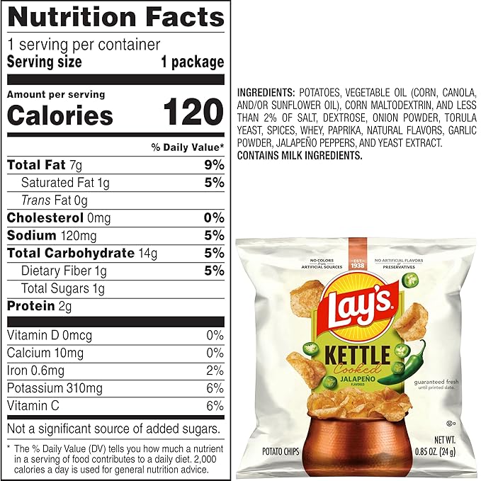 Lay's Kettle Cooked Potato Chips, Jalapeno, 0.85 Ounce (Pack of 40)