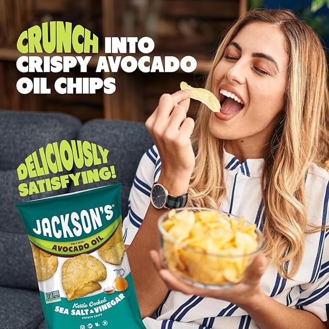 Jackson’s Classic Kettle Potato Chips (Variety Pack, 7 oz, Pack of 6) - Made with Premium Avocado Oil, Sea Salt, Salt & Vinegar and BBQ Flavors - Allergen-friendly, Gluten Free, Vegan