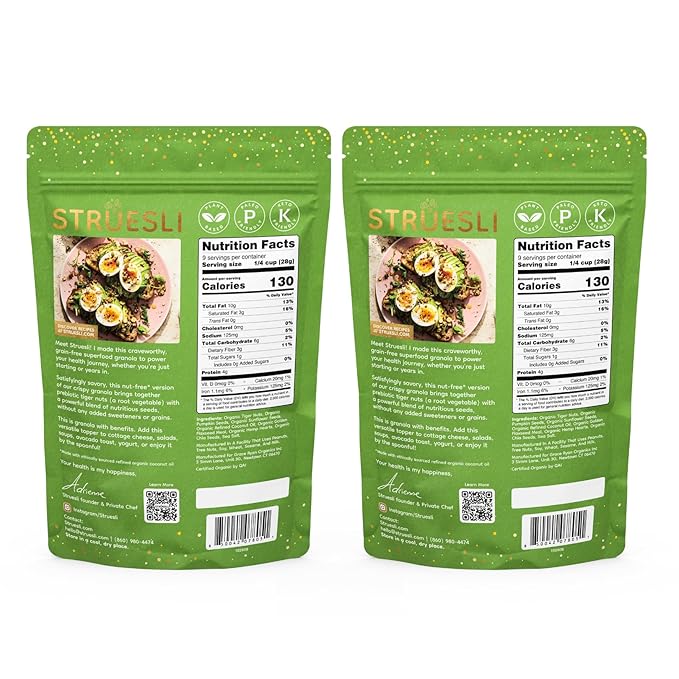 Struesli Savory + Seed Organic Granola, Nut, Grain & Gluten Free, Healthy Snacks with Pumpkin, Sunflower & Chia Seeds, Hemp Hearts, Flax, Tiger Nuts & Sea Salt, Plant Based, Keto & Paleo, 9 Oz, 2 Pack