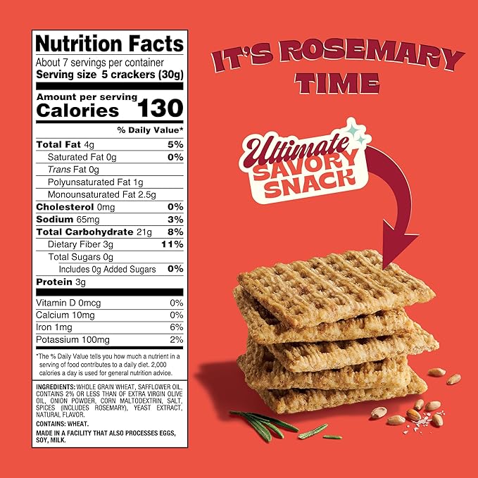 Back to Nature Rosemary & Olive Oil Harvest Whole Wheat Crackers, Non-GMO, Plant-Based Snack, Made with Whole Grain Wheat & Sea Salt, 7 oz Box