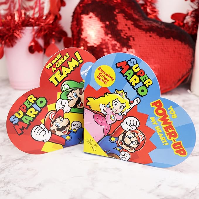 Super Mario Valentine's Heart Gift Boxes, Crispy Milk Chocolatey Candy Inside, Individually Foil Wrapped Pieces, To/From Section on Back, 1.6 Ounces (Pack of 2)