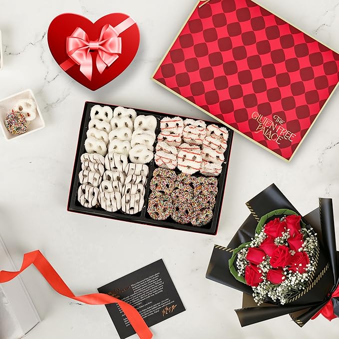 Gluten Free Palace Valentine’s Day Gift Box – Gourmet Chocolate Covered Pretzels – Gluten Free Chocolate Treats and Snack Basket for Him & Her – Valentines Day Gift Idea (4 Flavors)