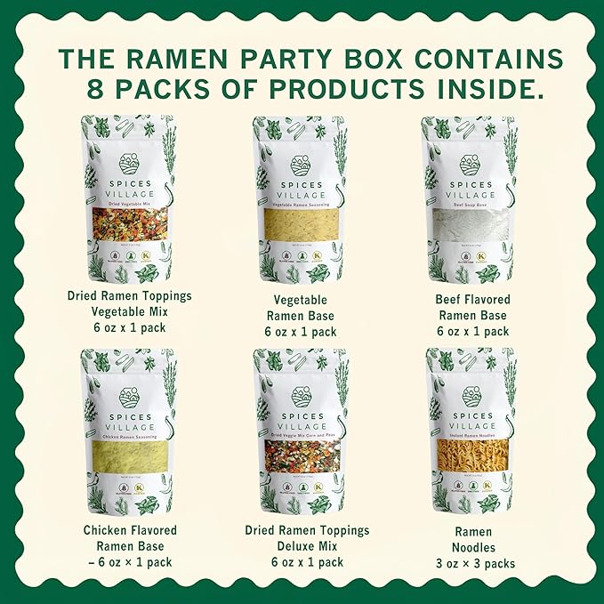 Spices Village Ramen Party Box – 3 Pack Noodles, 2 Pack Dried Vegetable Mixes & 3 Flavored Soup Bases – Chicken, Beef & Vegetable – Gourmet DIY Ramen Kit – Perfect for Gifts & Family Nights