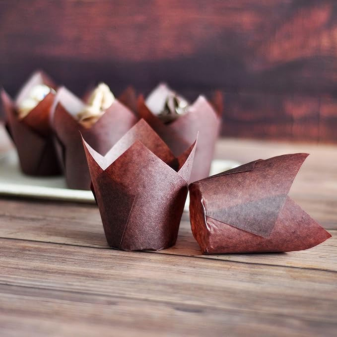 MyBakning Large size White+Brown Tulip Baking Cups 2-1/4"(Base diameter) x 4"(Wall height) Greaseproof paper baking cupcake Muffin liners, Case of 130 pcs